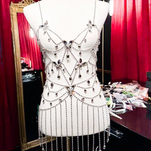 Rhinestone Crystal Body Chain Dress, Shoulder Lingerie Top Festival Body Jewelry - Picture 1 of 12